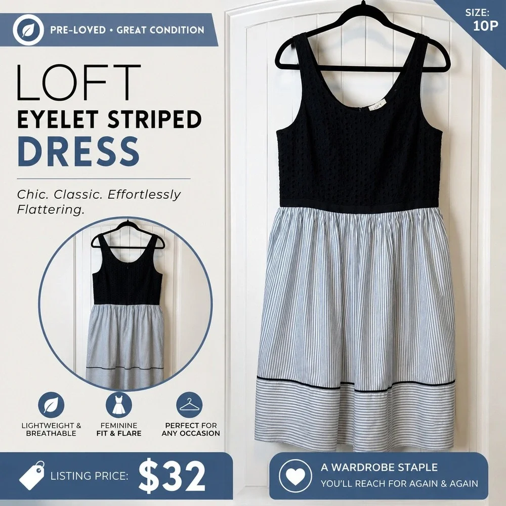 LOFT Eyelet Striped Fit & Flare Dress Blue White Black Petite 10P Sleeveless - Picture 1 of 12
